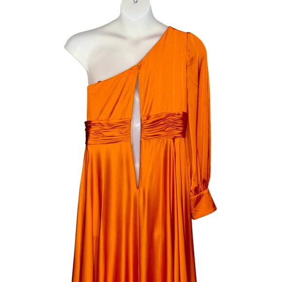 NEW Mac Duggal Ieena One Shoulder Bishop Sleeve Gown Spice Orange Pockets Sz 12 - Picture 12 of 14